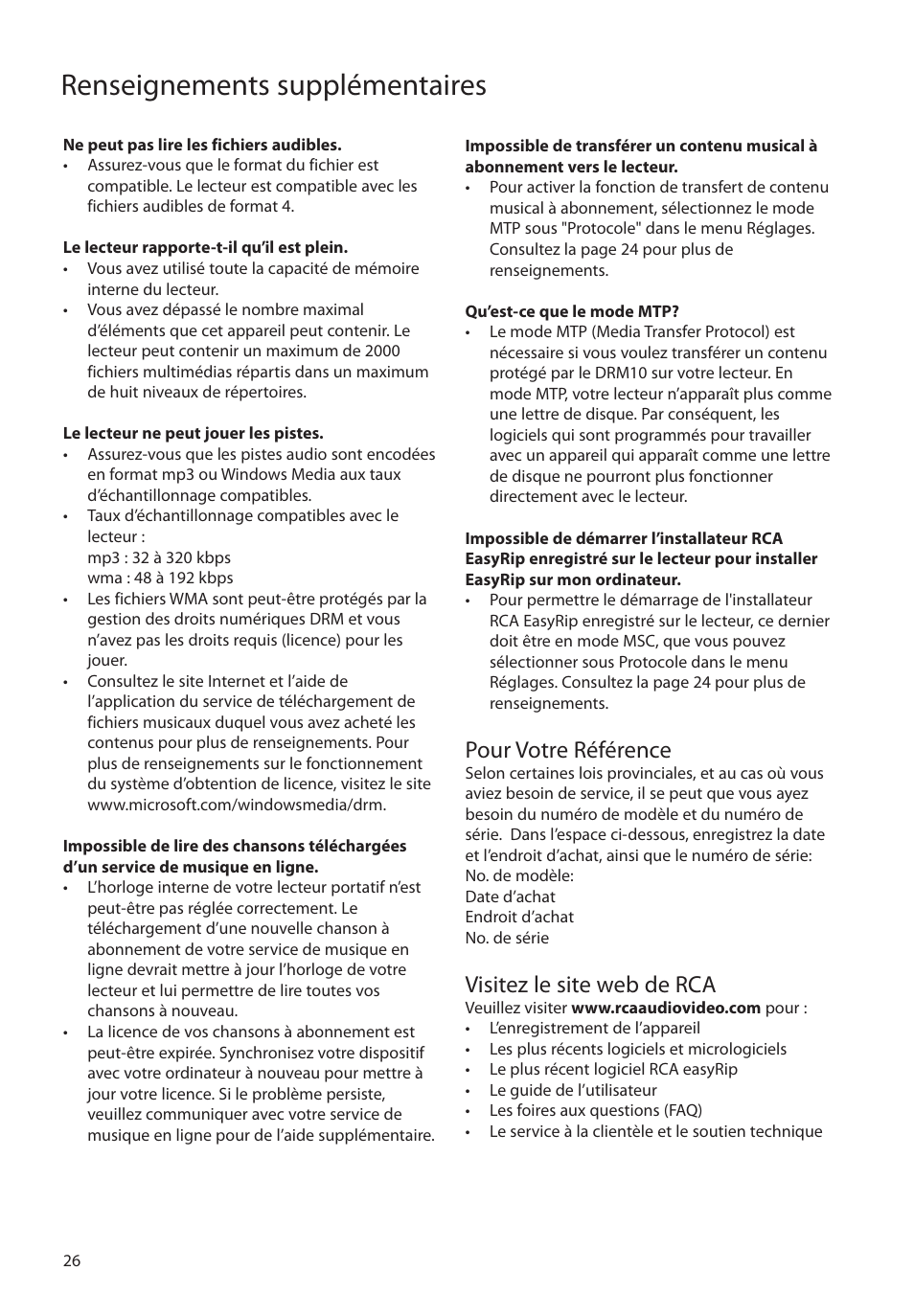 Pour votre référence, Visitez le site web de rca, Renseignements supplémentaires | RCA MC4202 User Manual | Page 84 / 88