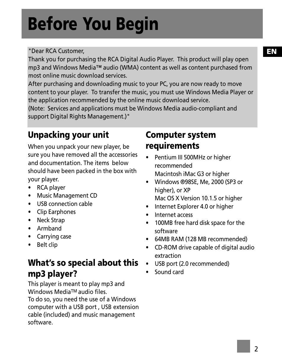 Before you begin, Unpacking your unit, What’s so special about this mp3 player | Computer system requirements | RCA S1000 User Manual | Page 11 / 49