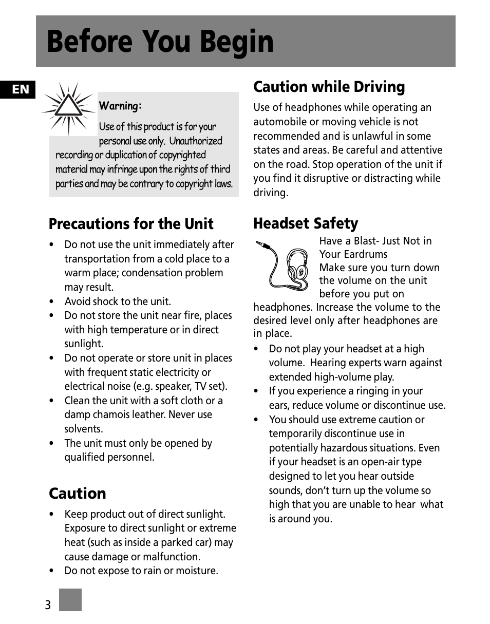 Before you begin, Precautions for the unit, Caution | Caution while driving, Headset safety | RCA S1000 User Manual | Page 12 / 49