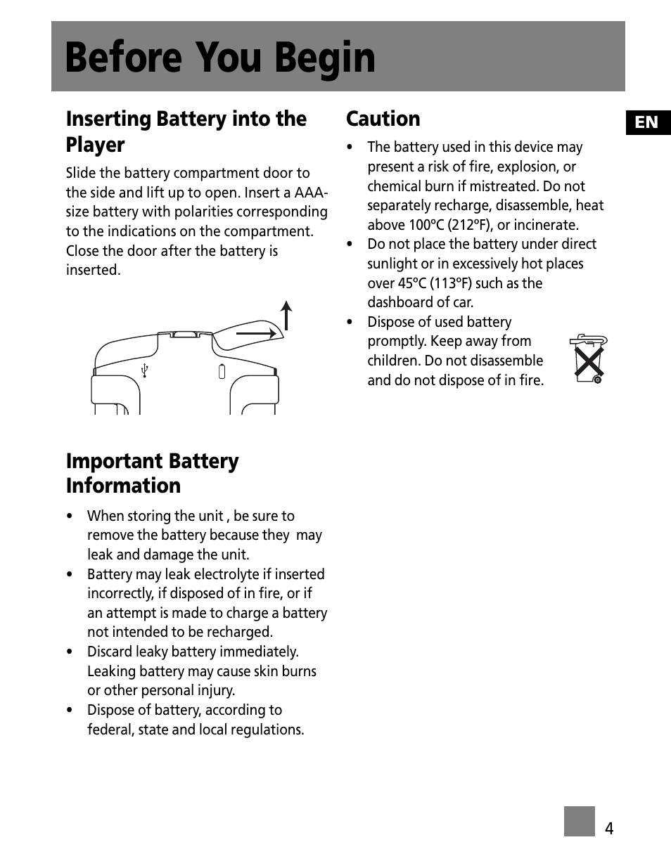 Before you begin, Inserting battery into the player, Important battery information | Caution | RCA S1000 User Manual | Page 13 / 49