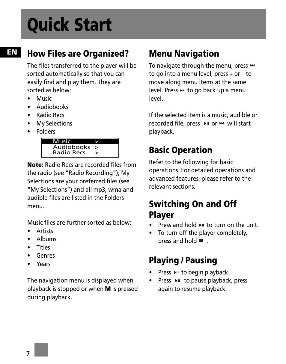 Quick start, How files are organized, Menu navigation | Basic operation, Switching on and off player, Playing / pausing | RCA S1000 User Manual | Page 16 / 49