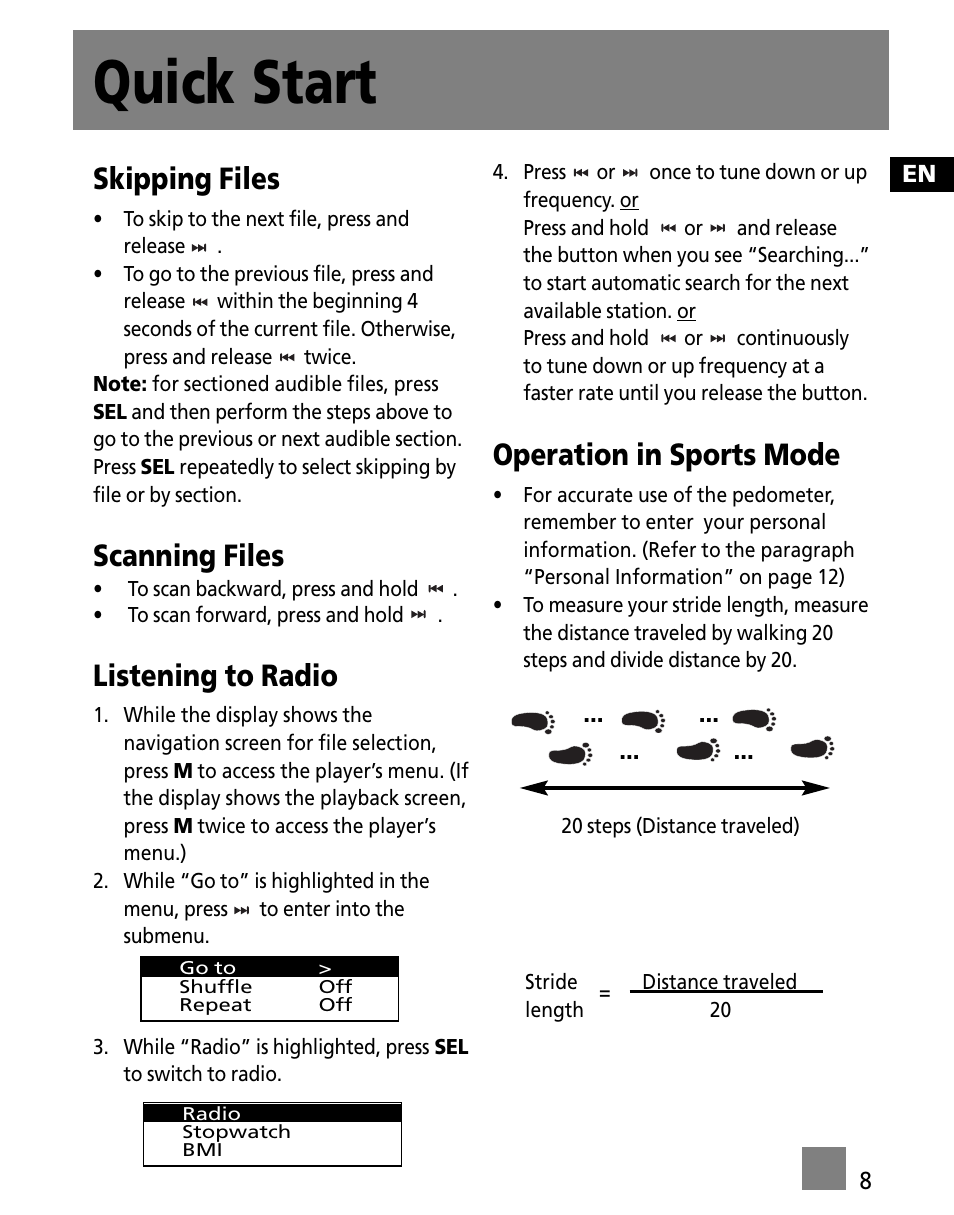 Quick start, Skipping files, Scanning files | Listening to radio, Operation in sports mode | RCA S1000 User Manual | Page 17 / 49