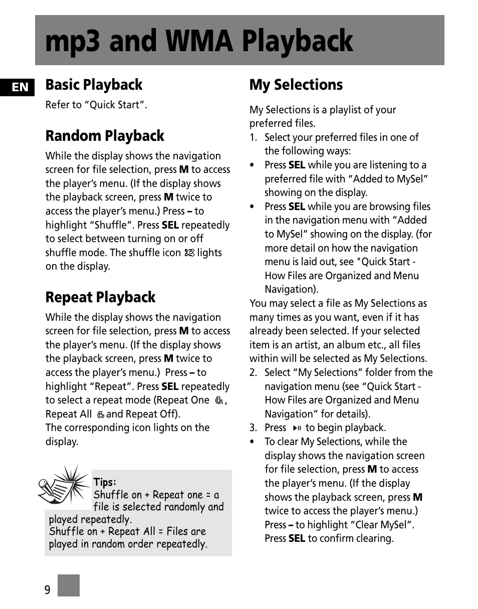 Mp3 and wma playback, Basic playback, Random playback | Repeat playback, My selections | RCA S1000 User Manual | Page 18 / 49