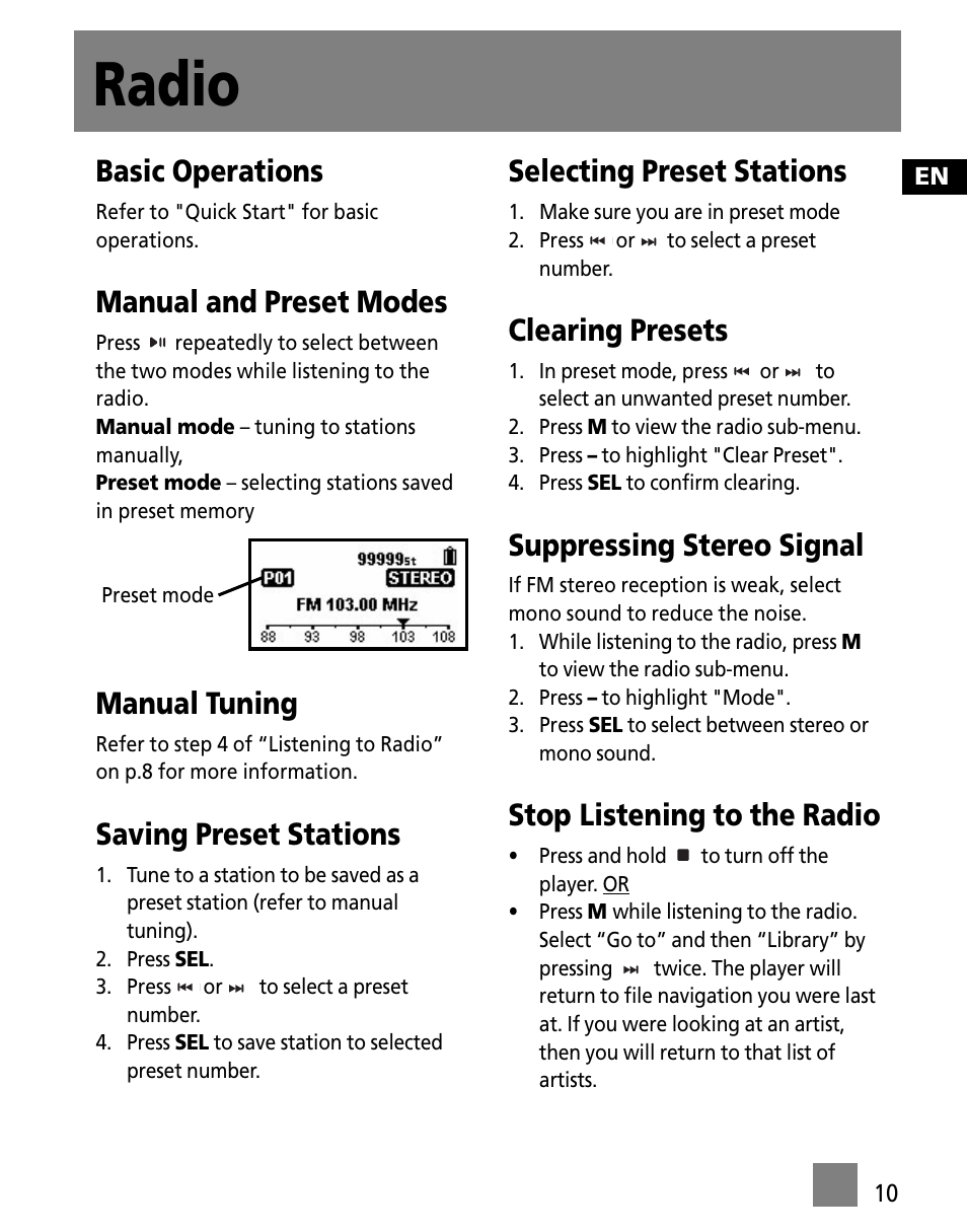 Radio, Basic operations, Manual and preset modes | Manual tuning, Saving preset stations, Selecting preset stations, Clearing presets, Suppressing stereo signal, Stop listening to the radio | RCA S1000 User Manual | Page 19 / 49