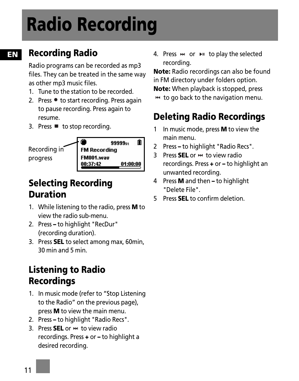 Radio recording, Recording radio, Selecting recording duration | Listening to radio recordings, Deleting radio recordings | RCA S1000 User Manual | Page 20 / 49
