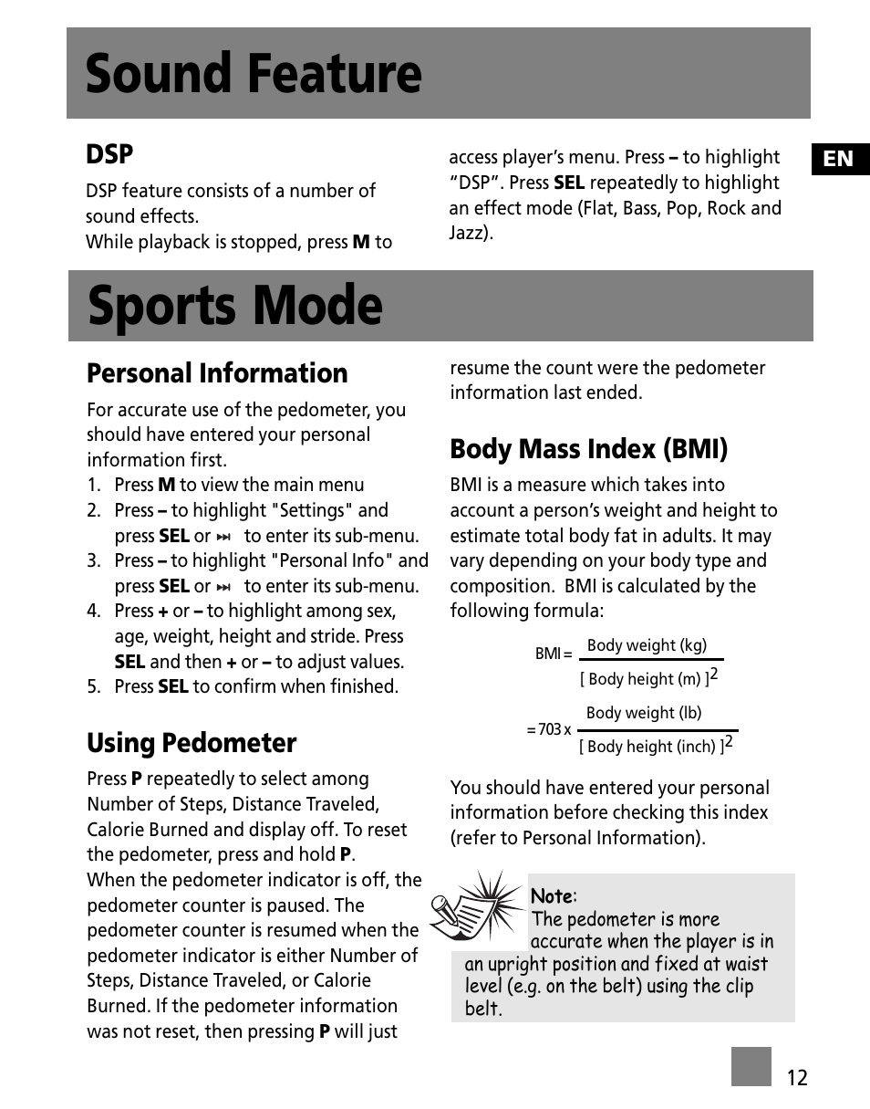Sound feature sports mode, Personal information, Using pedometer | Body mass index (bmi) | RCA S1000 User Manual | Page 21 / 49
