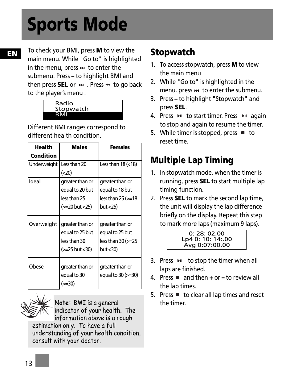 Sports mode, Stopwatch, Multiple lap timing | RCA S1000 User Manual | Page 22 / 49
