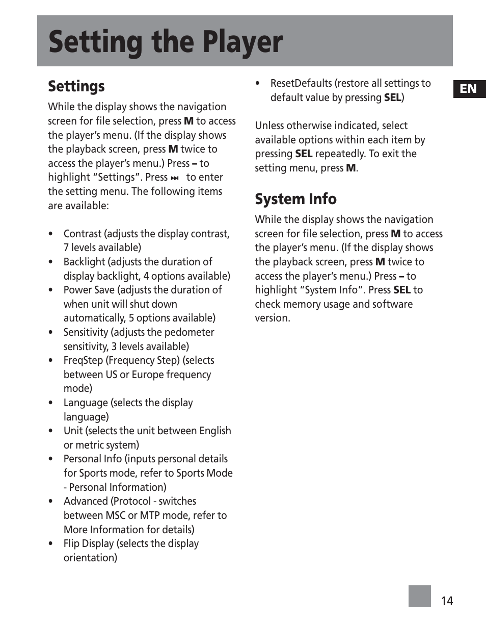 Setting the player, Settings, System info | RCA S1000 User Manual | Page 23 / 49