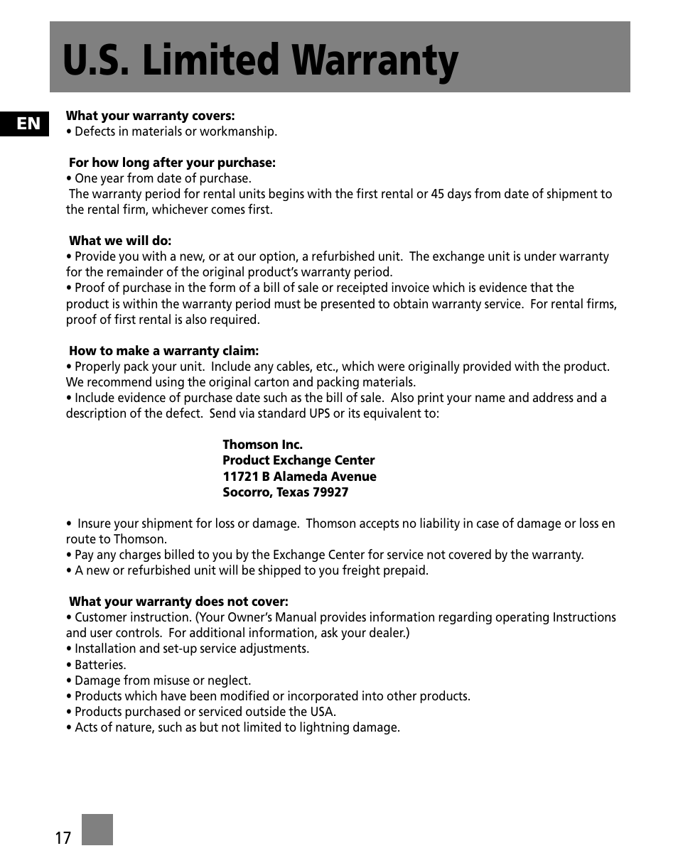 U.s. limited warranty | RCA S1000 User Manual | Page 26 / 49