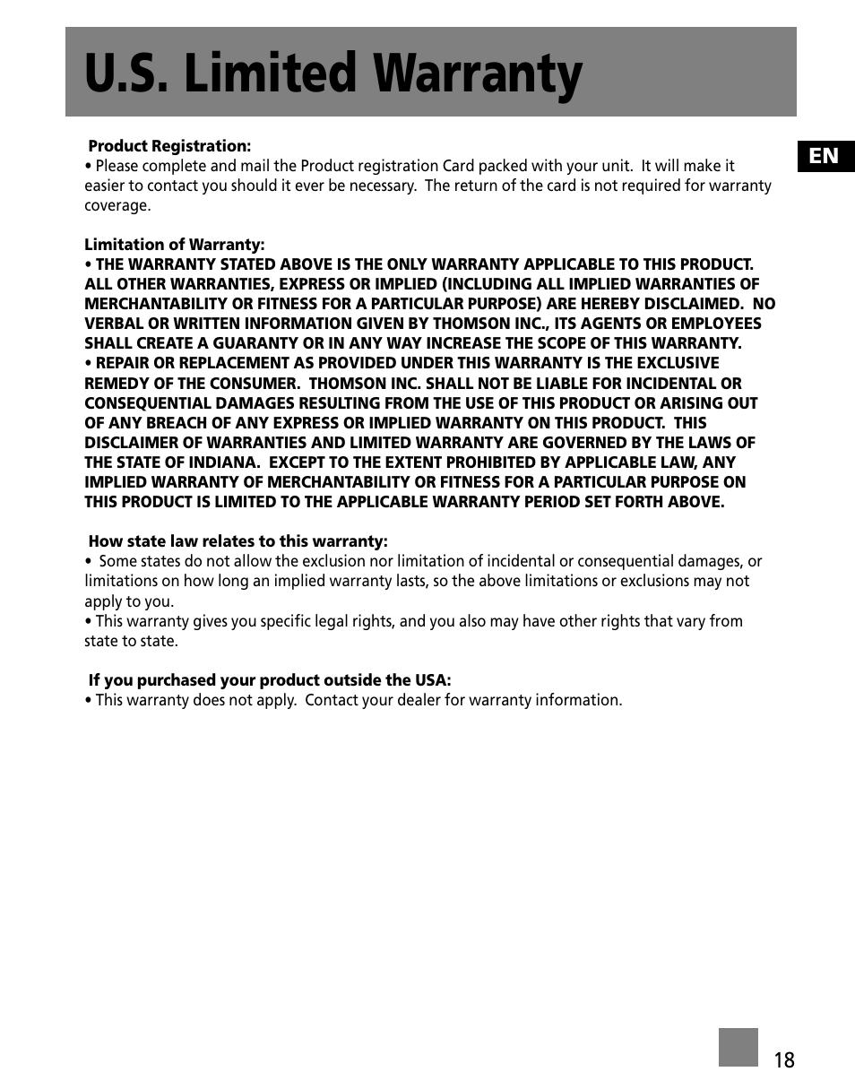 U.s. limited warranty | RCA S1000 User Manual | Page 27 / 49