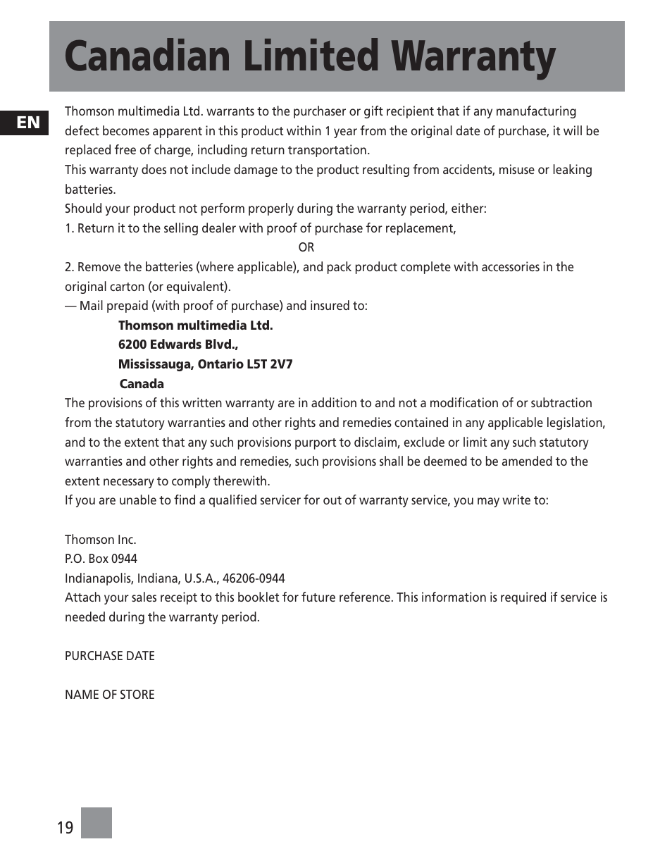 Canadian limited warranty | RCA S1000 User Manual | Page 28 / 49