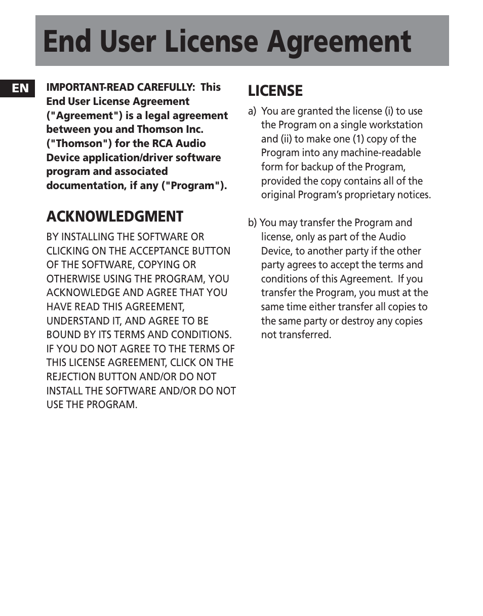 End user license agreement | RCA S1000 User Manual | Page 31 / 49