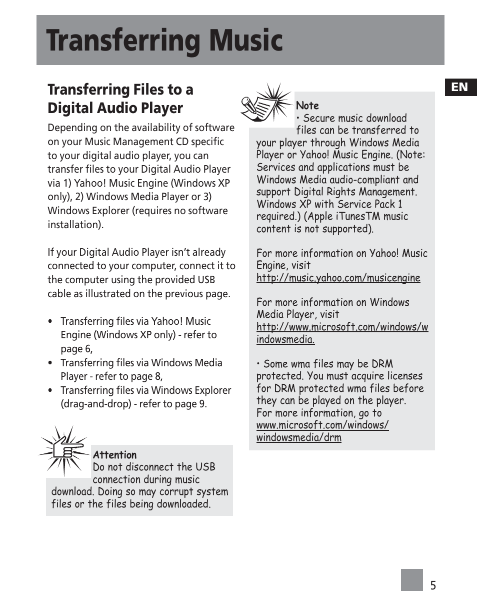 Transferring music, Transferring files to a digital audio player | RCA S1000 User Manual | Page 42 / 49