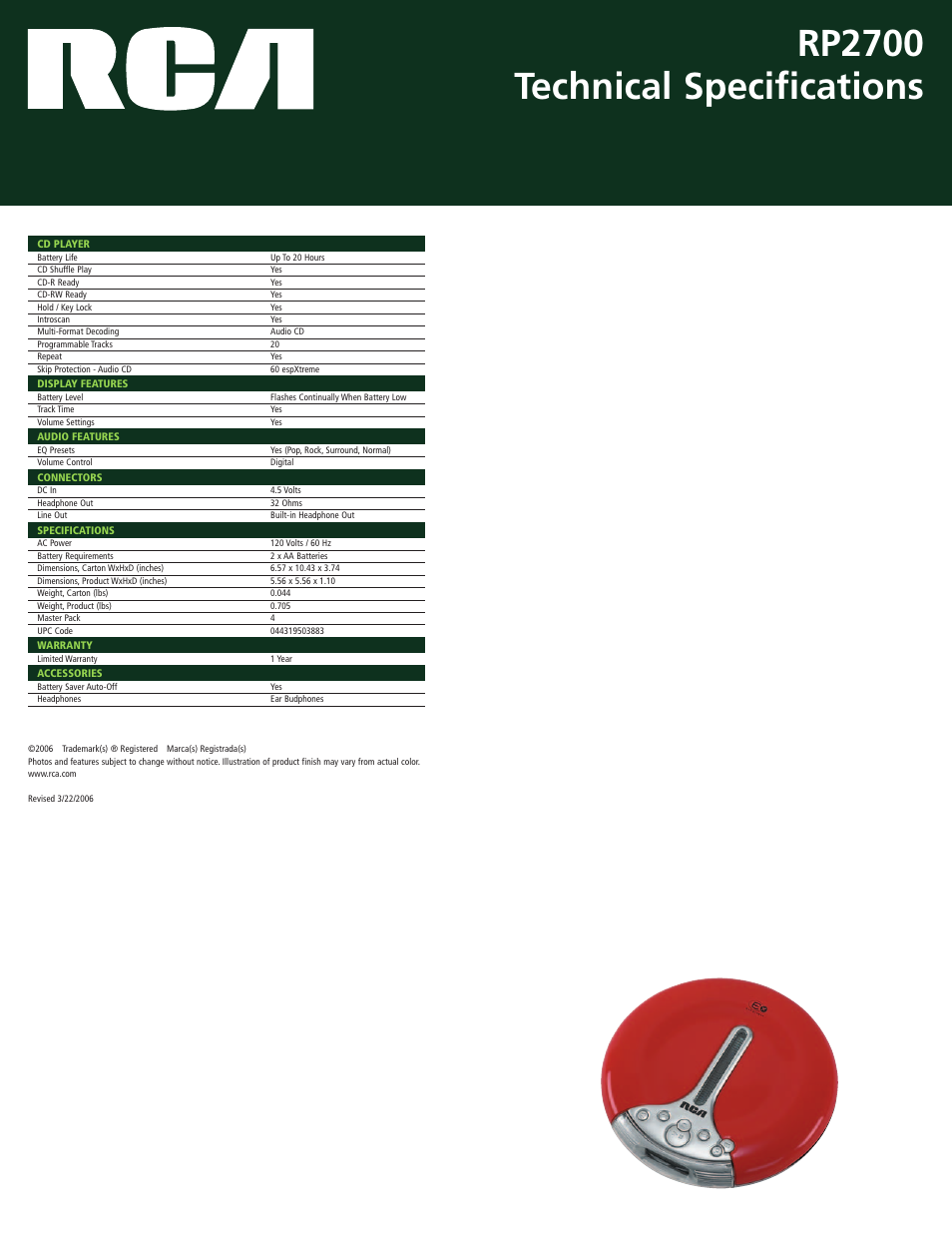 Rp2700 technical specifications | RCA RP2700 User Manual | Page 2 / 2