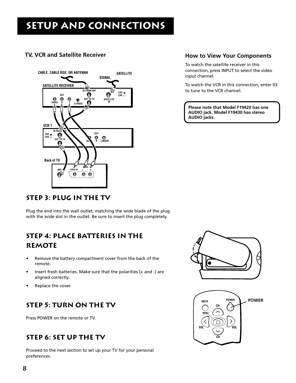 Setup and connections, Step 3: plug in the tv, Step 4: place batteries in the remote | Step 5: turn on the tv, Step 6: set up the tv, How to view your components, Tv, vcr and satellite receiver | RCA F19430 User Manual | Page 10 / 48