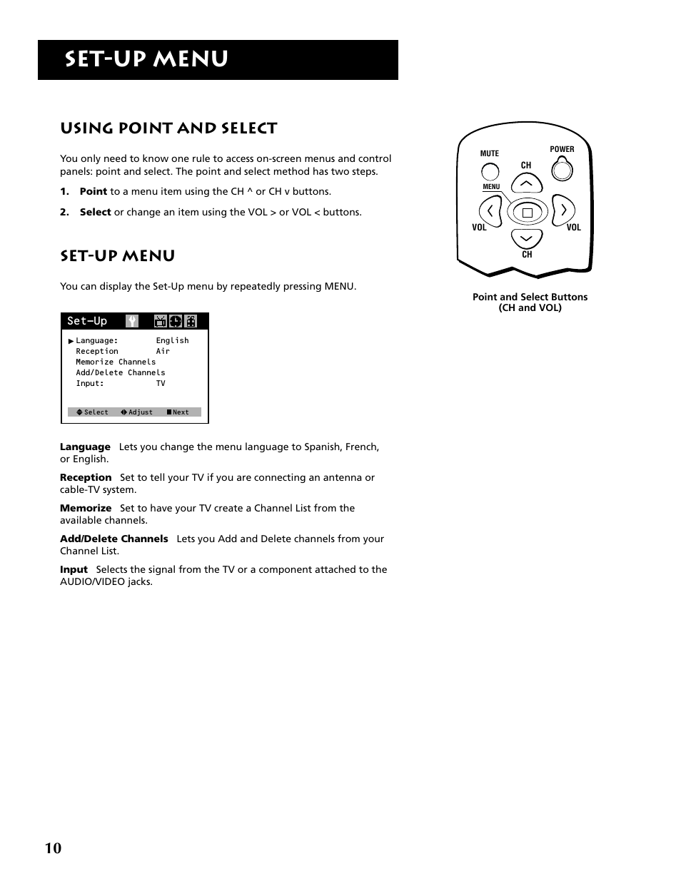 Set-up menu, Using point and select | RCA F19430 User Manual | Page 12 / 48