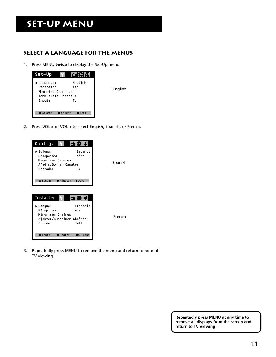 Set-up menu, Select a language for the menus, Set-up | RCA F19430 User Manual | Page 13 / 48