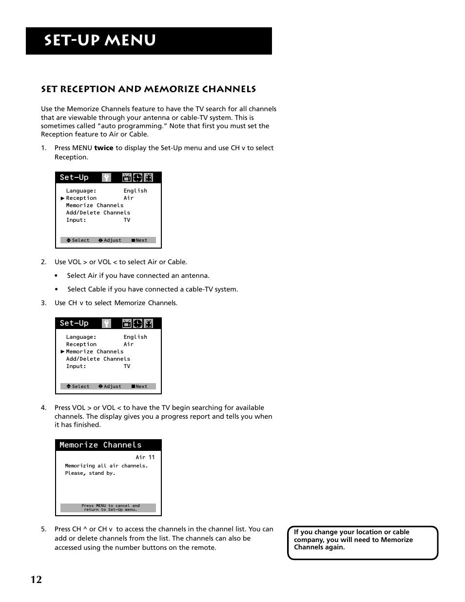 Set-up menu | RCA F19430 User Manual | Page 14 / 48