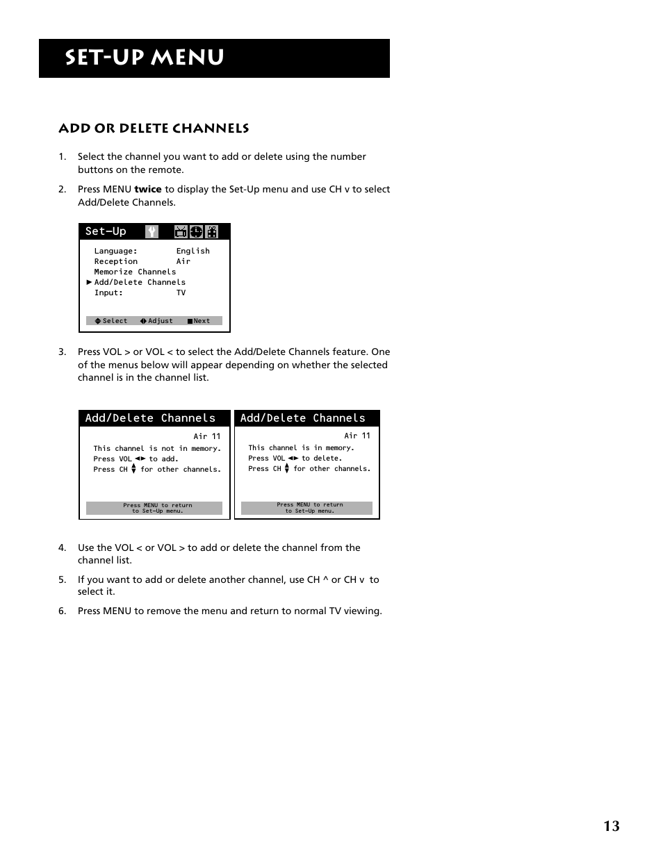 Set-up menu, Add or delete channels | RCA F19430 User Manual | Page 15 / 48