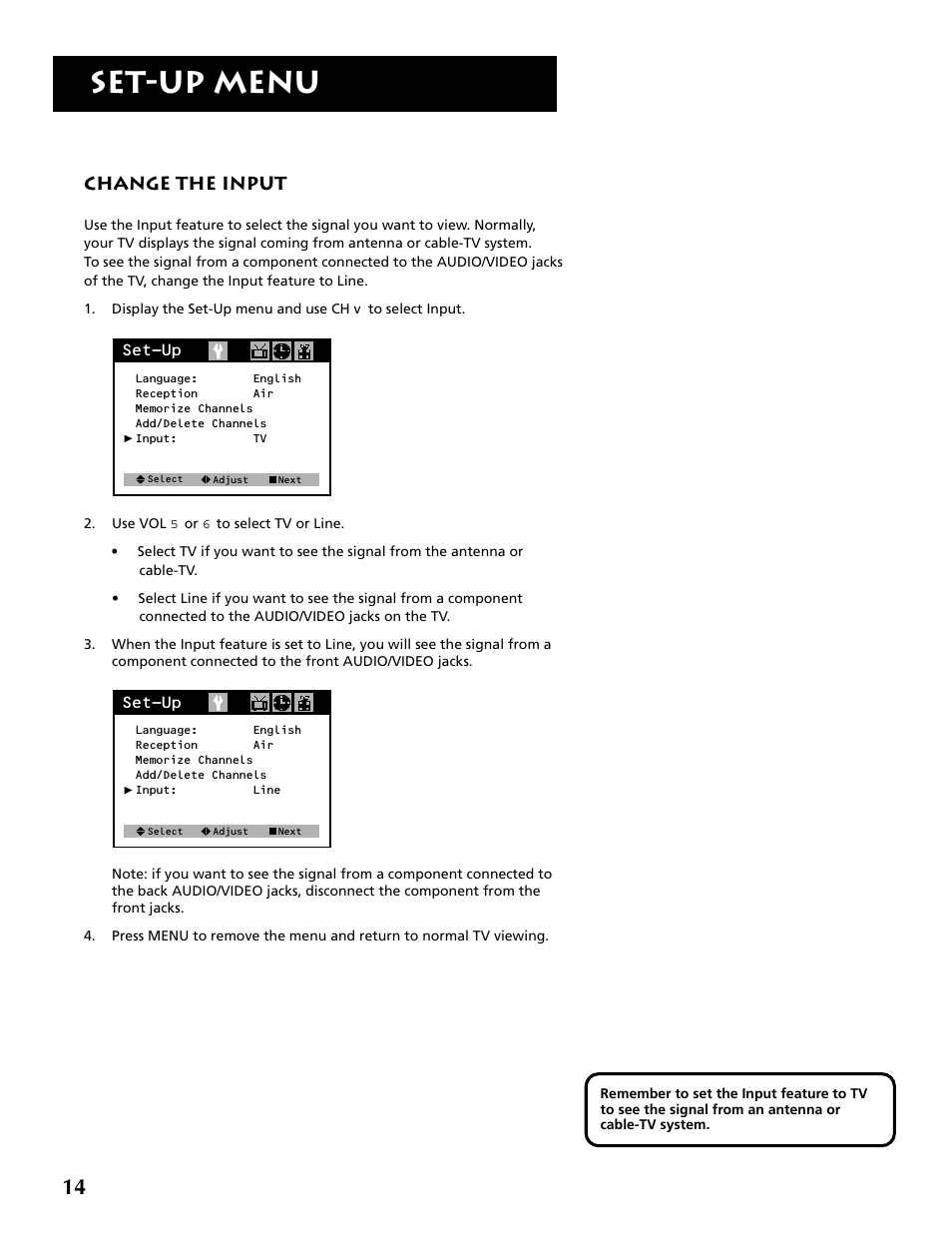 Set-up menu, Change the input | RCA F19430 User Manual | Page 16 / 48