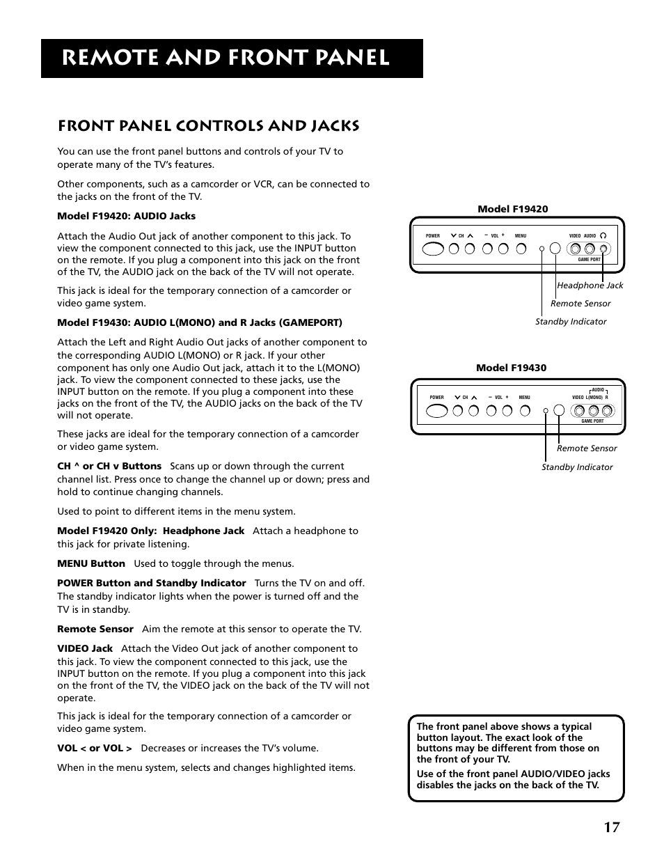 Remote and front panel, Front panel controls and jacks | RCA F19430 User Manual | Page 19 / 48