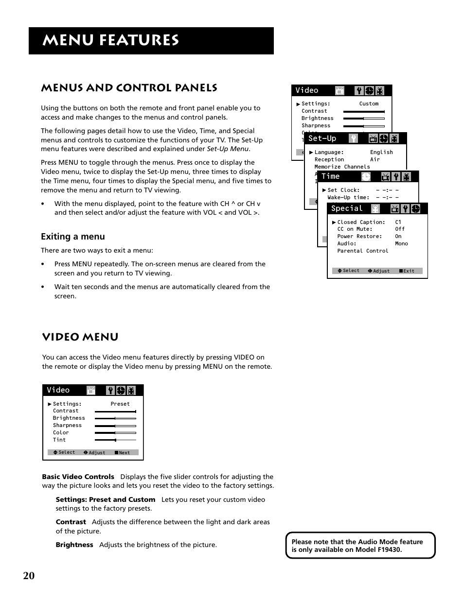 Menu features, 20 menus and control panels, Video menu | Exiting a menu | RCA F19430 User Manual | Page 22 / 48