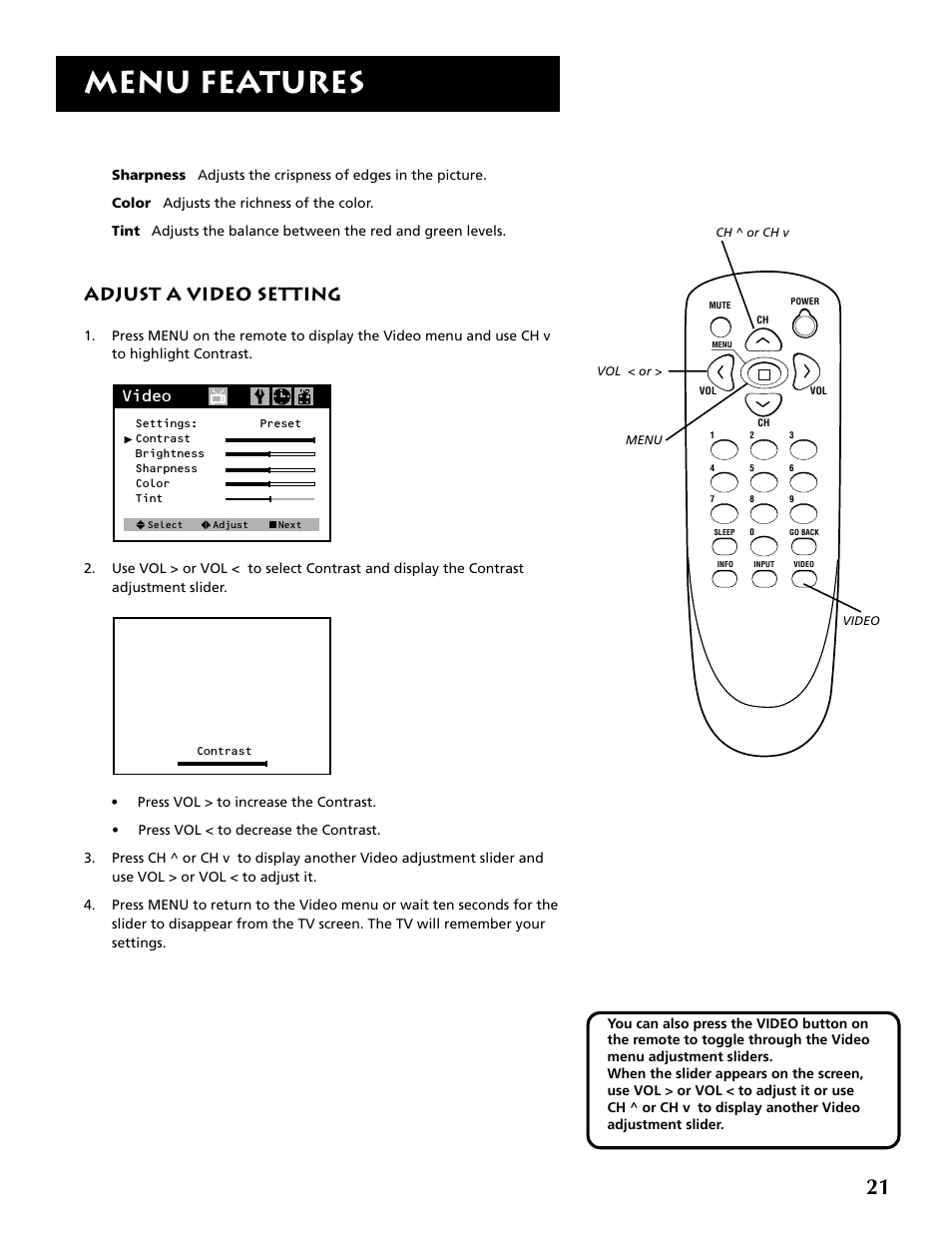 Menu features, Adjust a video setting, Video | RCA F19430 User Manual | Page 23 / 48