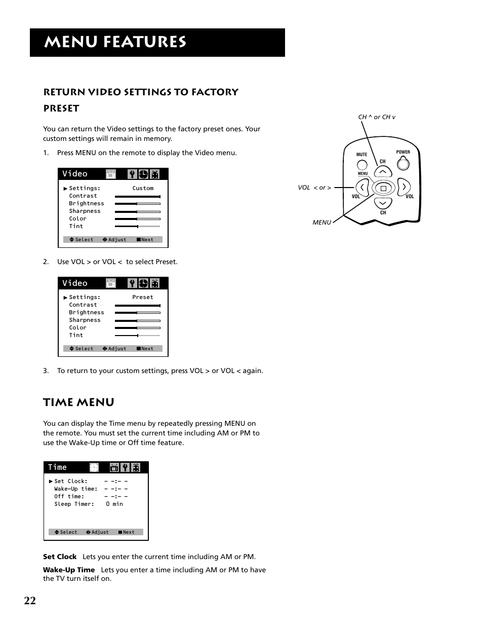 Menu features, Time menu, Return video settings to factory preset | RCA F19430 User Manual | Page 24 / 48