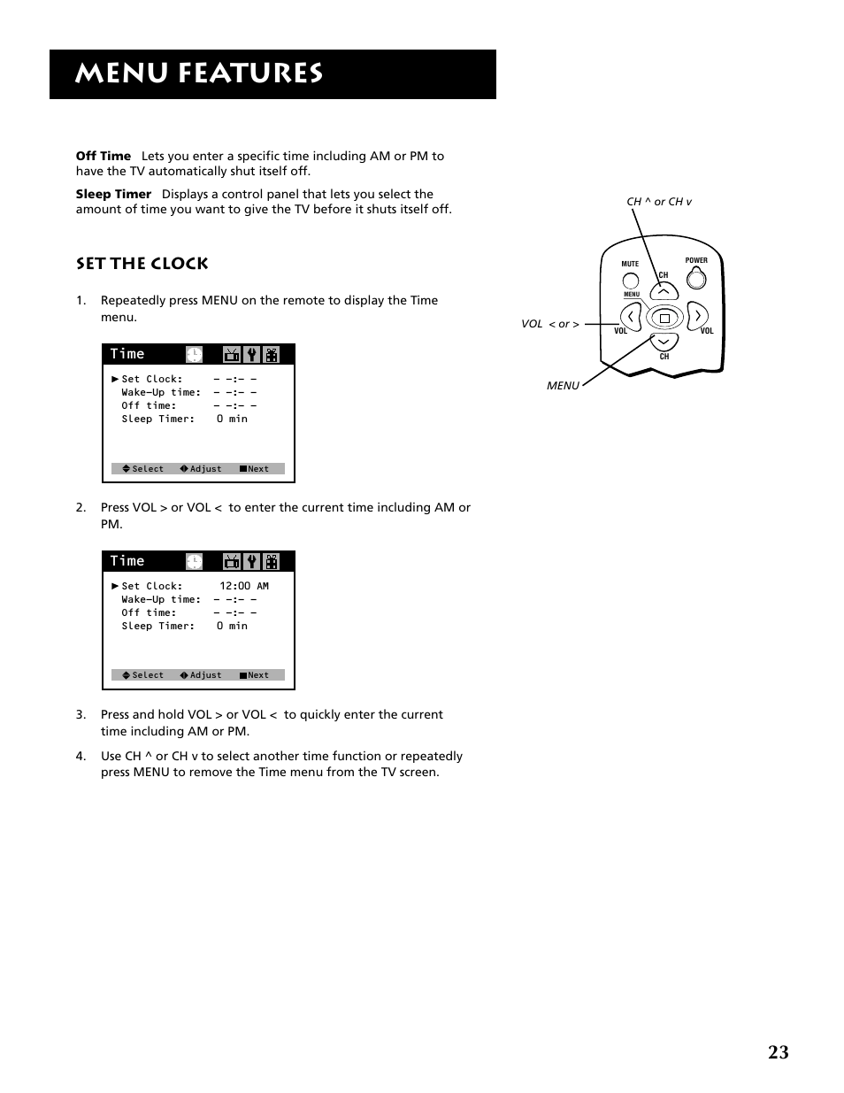 Menu features, Set the clock, Time | RCA F19430 User Manual | Page 25 / 48