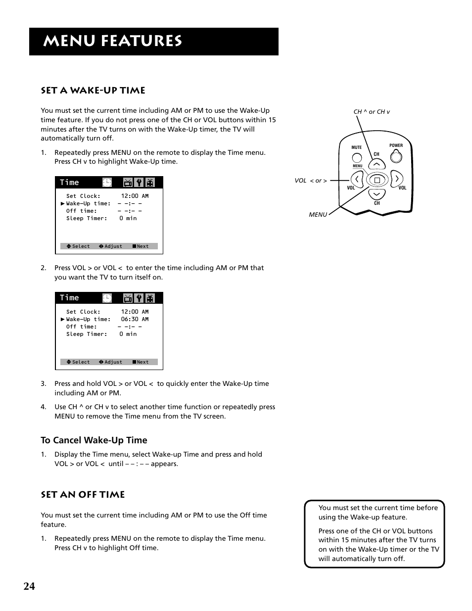 Menu features, Set a wake-up time, Set an off time | RCA F19430 User Manual | Page 26 / 48