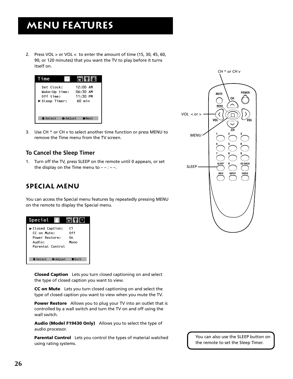 Menu features, Special menu, Time | Special | RCA F19430 User Manual | Page 28 / 48