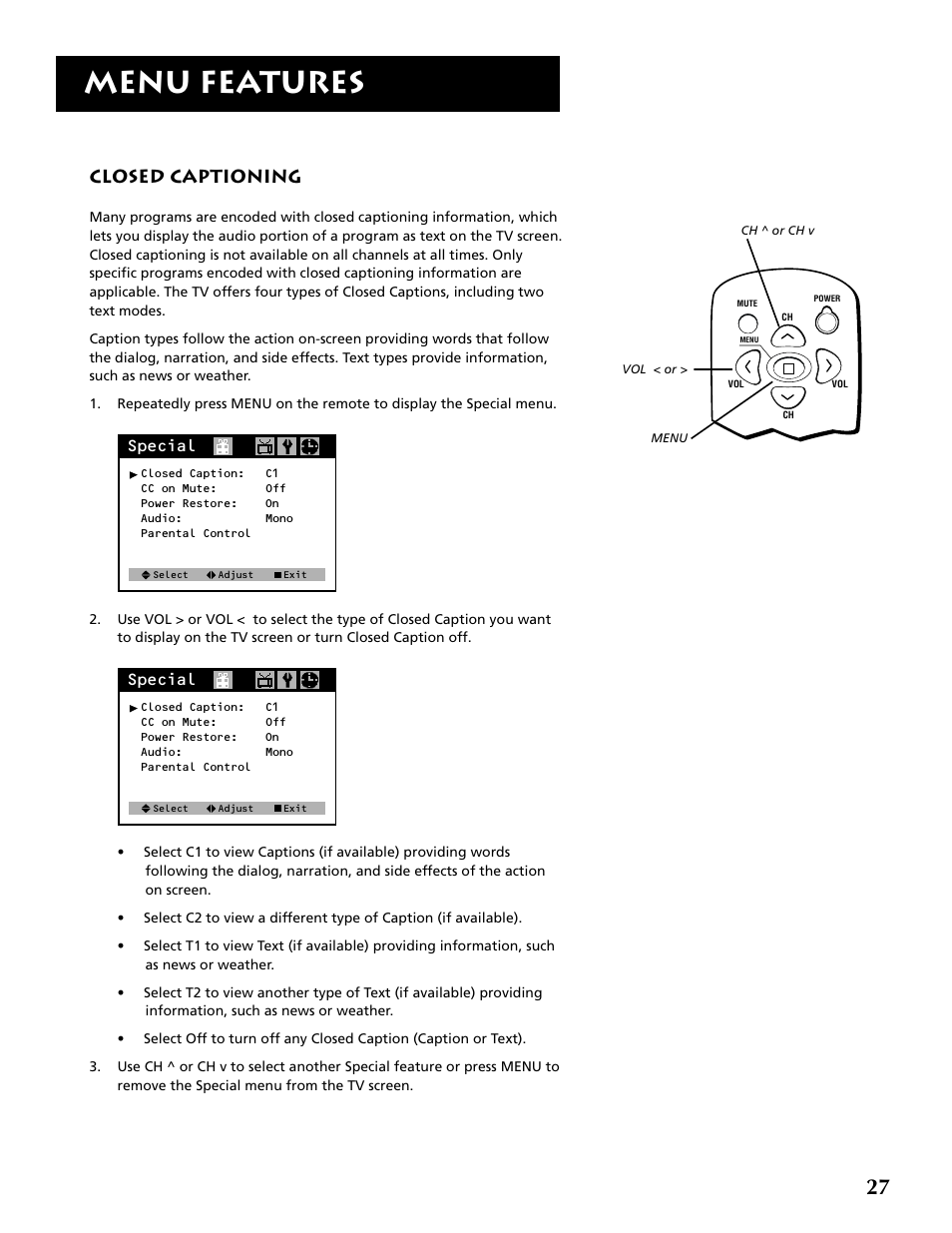 Menu features, Closed captioning, Special | RCA F19430 User Manual | Page 29 / 48