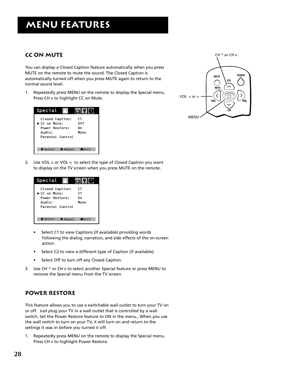 Menu features, Cc on mute, Power restore | Special | RCA F19430 User Manual | Page 30 / 48