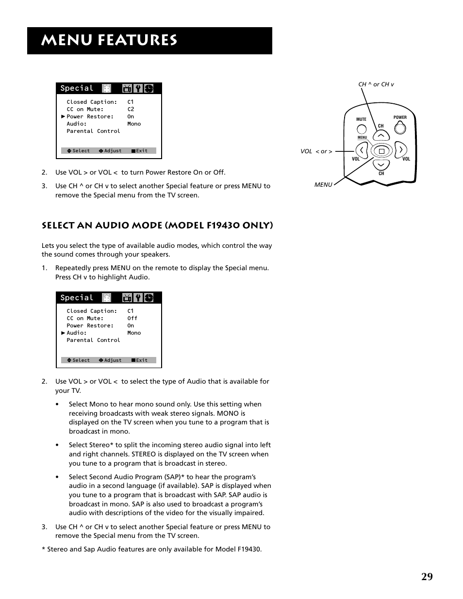 Menu features, Special | RCA F19430 User Manual | Page 31 / 48