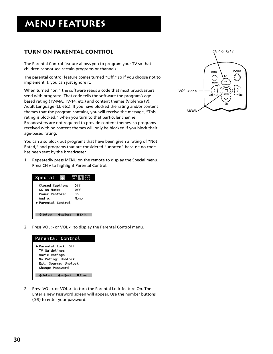 Menu features, Turn on parental control, Special | Parental control | RCA F19430 User Manual | Page 32 / 48