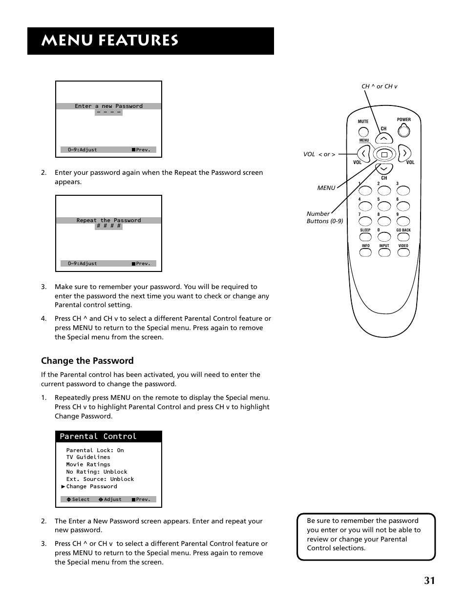 Menu features, Change the password, Parental control | RCA F19430 User Manual | Page 33 / 48