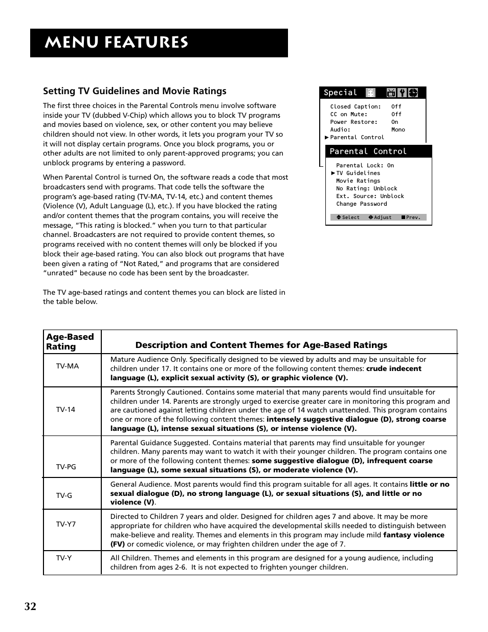 Menu features, Setting tv guidelines and movie ratings | RCA F19430 User Manual | Page 34 / 48