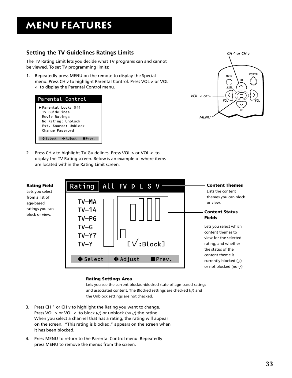 Menu features, Tv-ma tv-14 tv-pg tv-g tv-y7 tv-y [ :block, Setting the tv guidelines ratings limits | Select adjust prev | RCA F19430 User Manual | Page 35 / 48