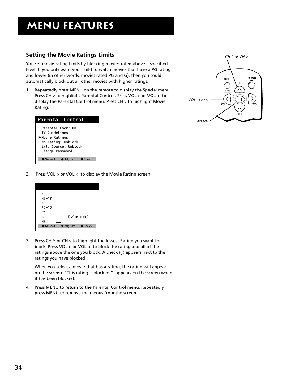 Menu features, Setting the movie ratings limits, Parental control | RCA F19430 User Manual | Page 36 / 48