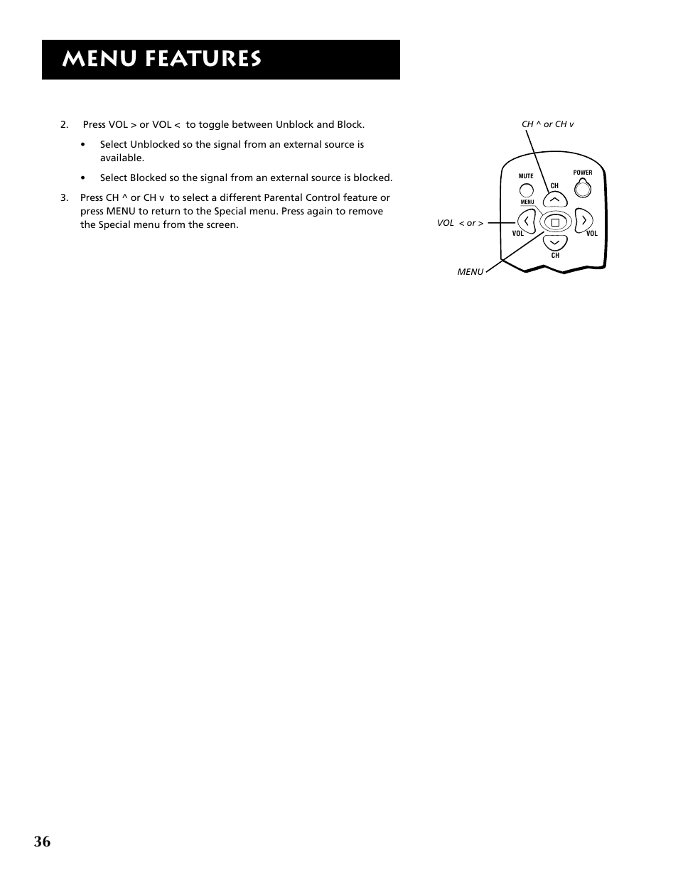 Menu features | RCA F19430 User Manual | Page 38 / 48