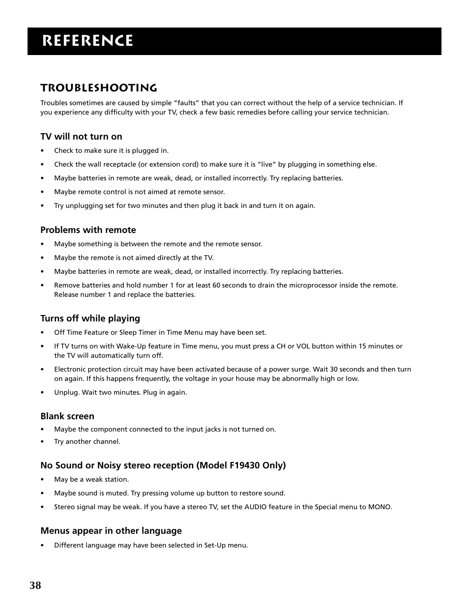 Reference, Troubleshooting | RCA F19430 User Manual | Page 40 / 48