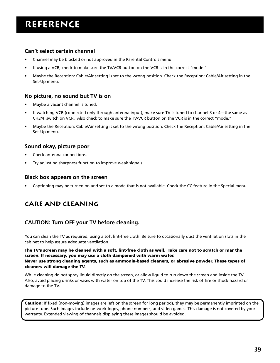 Reference, Care and cleaning | RCA F19430 User Manual | Page 41 / 48