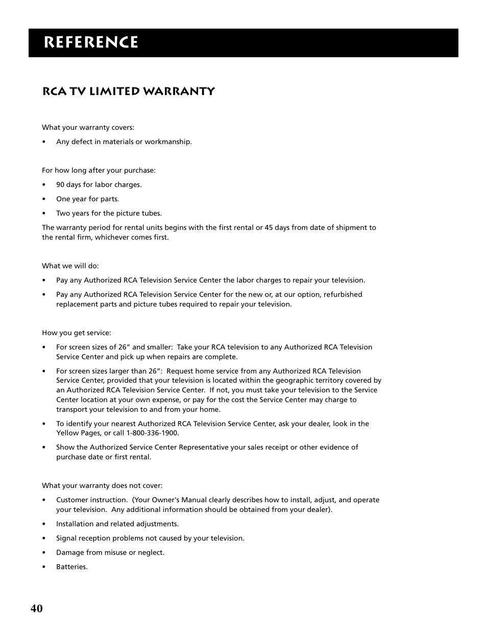 Reference, Rca tv limited warranty | RCA F19430 User Manual | Page 42 / 48