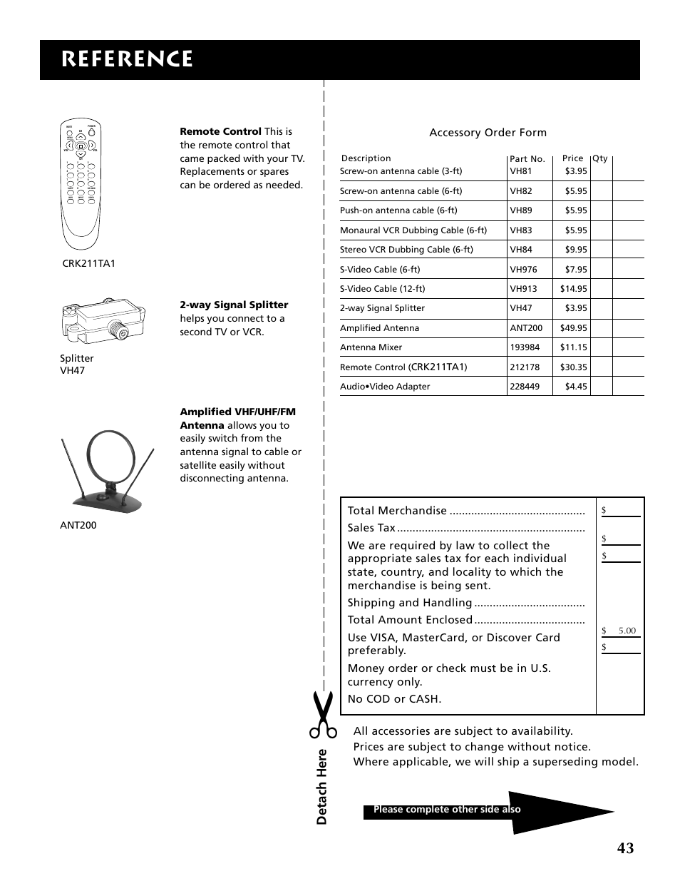 Reference, Detach her e, Accessory order form | RCA F19430 User Manual | Page 45 / 48