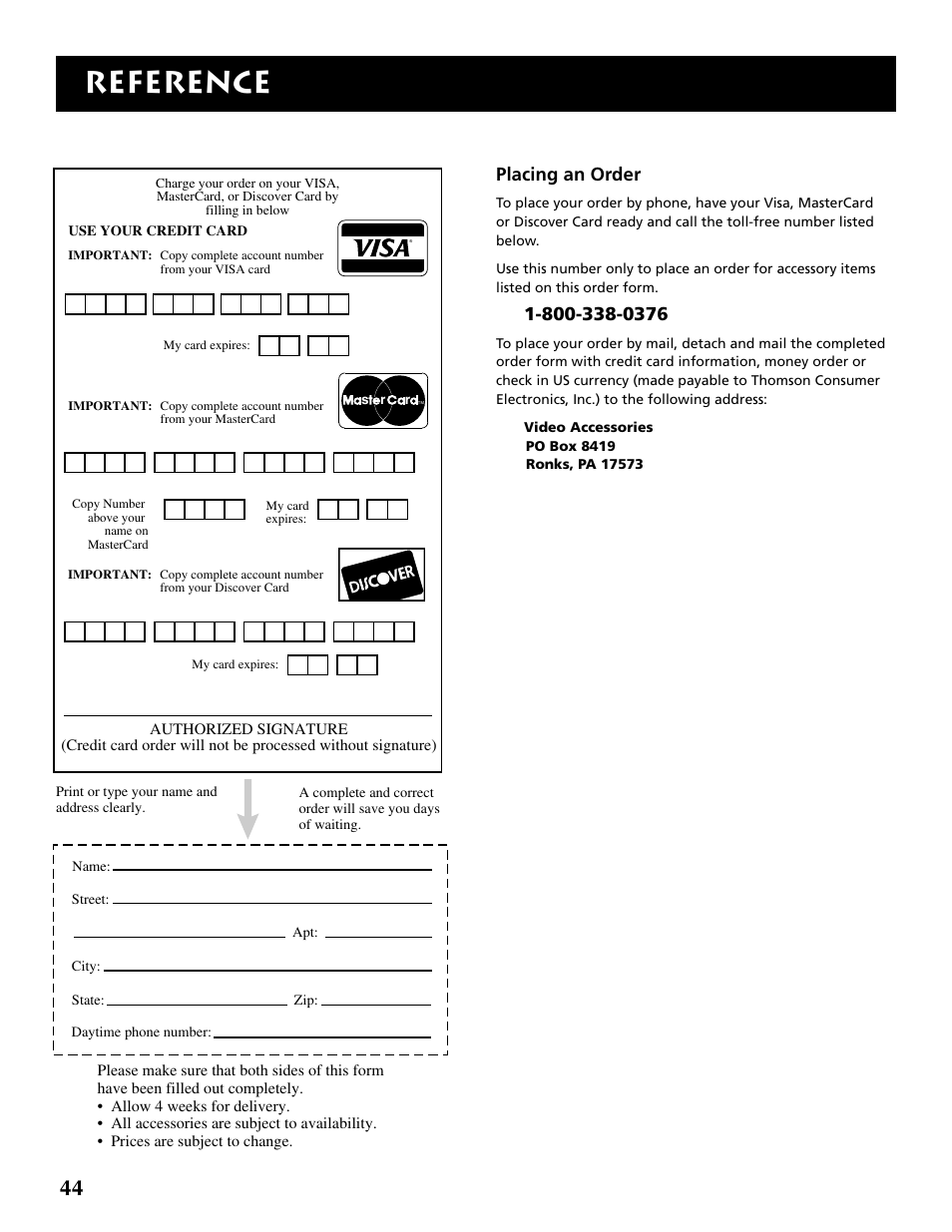 Reference, Placing an order | RCA F19430 User Manual | Page 46 / 48