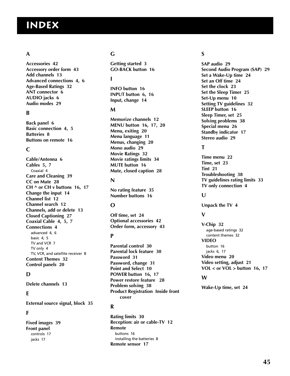 Reference index, Index | RCA F19430 User Manual | Page 47 / 48