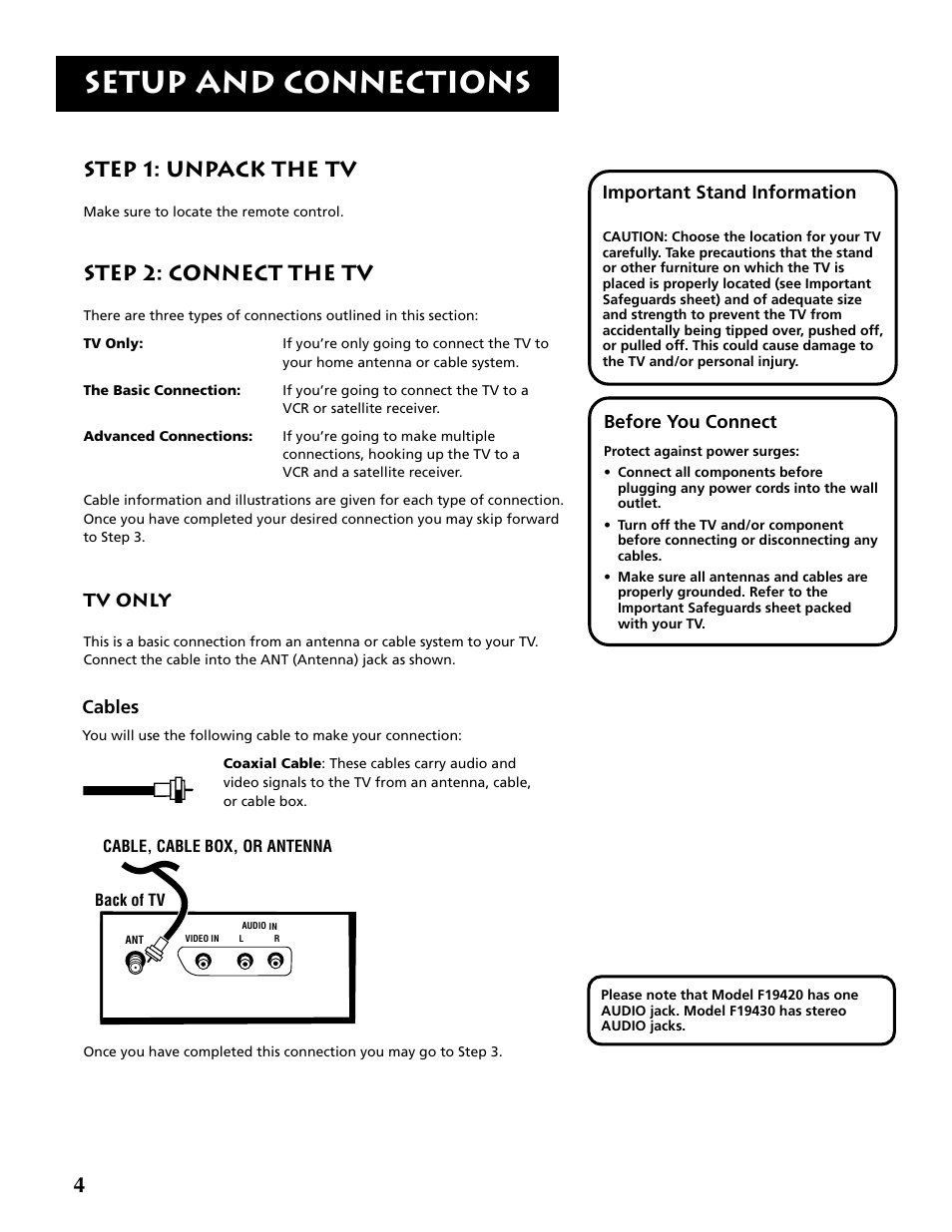 Setup and connections, Step 1: unpack the tv, Step 2: connect the tv | RCA F19430 User Manual | Page 6 / 48