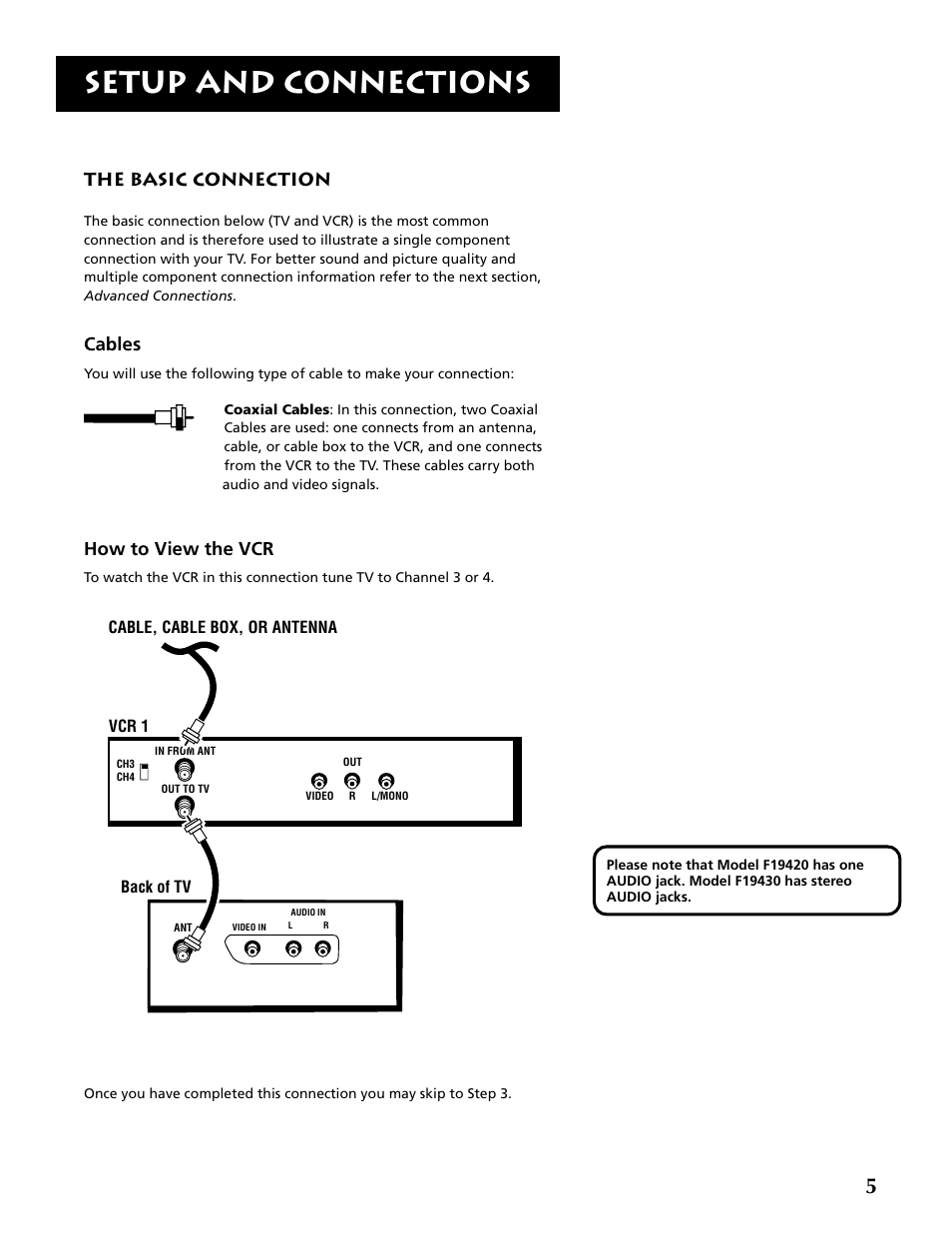 Setup and connections, The basic connection, Cables | How to view the vcr | RCA F19430 User Manual | Page 7 / 48