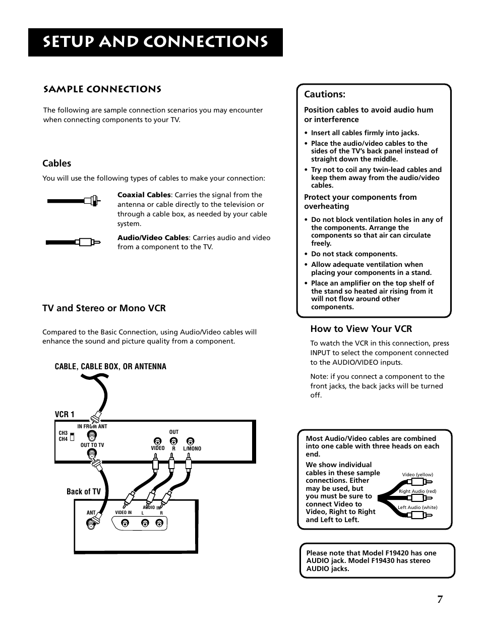 Setup and connections, Cautions, How to view your vcr | Sample connections, Tv and stereo or mono vcr, Cables | RCA F19430 User Manual | Page 9 / 48