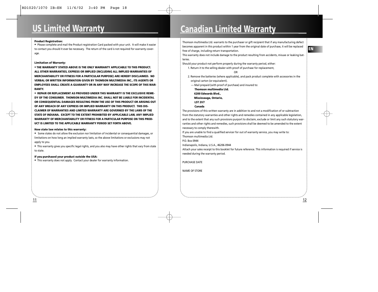 Us limited warranty, Canadian limited warranty | RCA 5567206A User Manual | Page 10 / 10